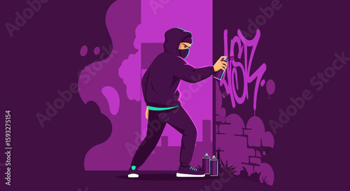 Urban Expression A hooded Figure Creates Street Art with Spray Paint Cans