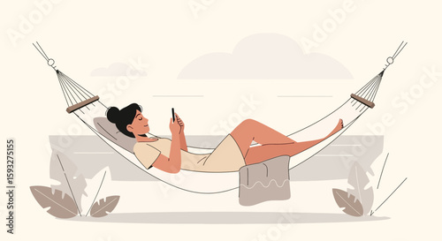 Woman Relaxes With Mobile In Hammock On Summer Vacation Minimalist Illustration