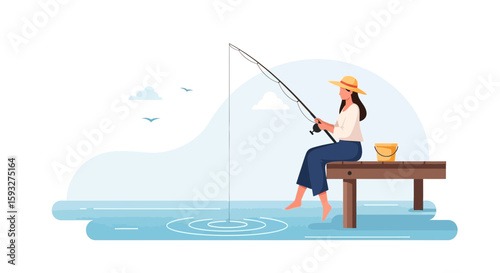 Woman Relaxing And Fishing By The Lake From Wooden Pier Under Summer Sky
