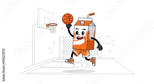 Orange Juice Carton Character Playing Basketball Cartoon Illustration