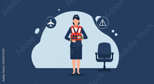 Stewardess Demonstrating Safety Procedures Before Takeoff In Airplane With Attention Sign