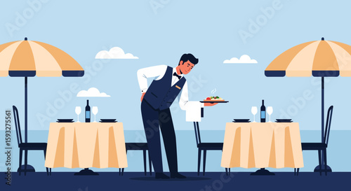 Outdoor Fine Dining Waiter Serving Delicious Dish At Romantic Restaurant Setting