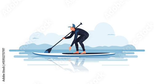 Paddleboarding Adventure With Wetsuit And Cap Enjoying Water Activity Outdoors