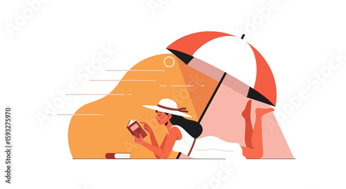 Woman Relaxing Under Parasol With Book Enjoying The Tranquility Of A Sunny Day