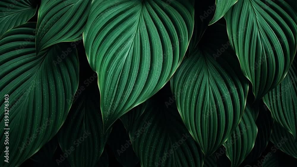 Lush dark green leaves with deep parallel ridges fill the frame The leaves overlap creating depth and shadow