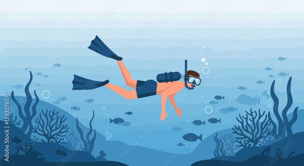 Fototapeta premium Vector Underwater Scene Featuring Scuba Diver Exploring Marine Life With Blue Tones