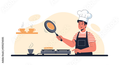 Pancake Preparation By Cheerful Man Enjoying Kitchen At Home In The Morning