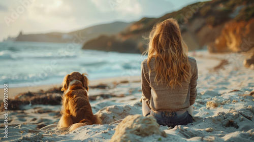 Woman and dog sitting side-by-side, peacefully gazing at the ocean, enjoying the serene beach view.
