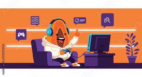 Papaya Character Engaged In Interactive Gaming Experience At Home For Fun