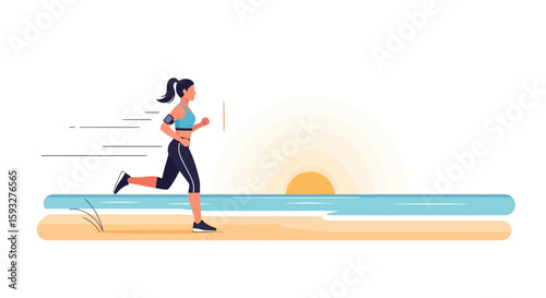 Woman Running On Beach At Sunrise A Healthy Lifestyle And Fitness Concept