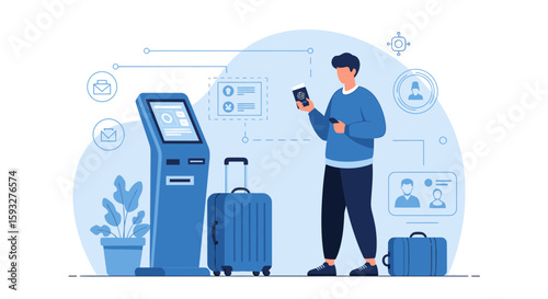 Streamlined Travel Experience Man Using Self Check In Kiosk With Luggage