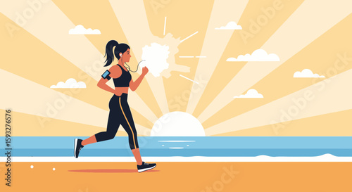 Woman Running On Beach At Sunrise For Fitness And Healthy Lifestyle