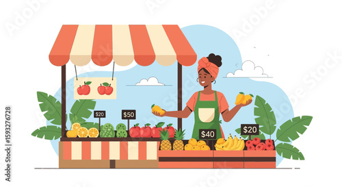 Woman Selling Fresh Fruits At Outdoor Market With Natural Scenery