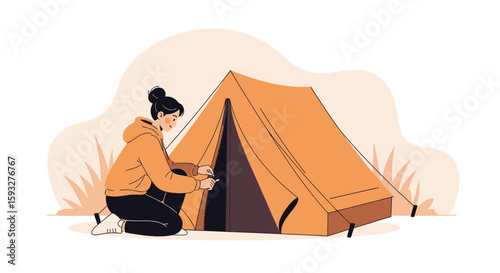 Woman Setting Up A Tent For Camping Adventure In The Wilderness