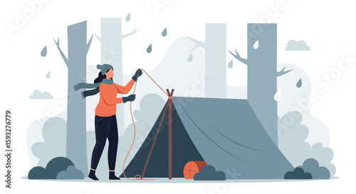 Woman Setting Up Tent In A Forest On Rainy Day For Camping Adventure