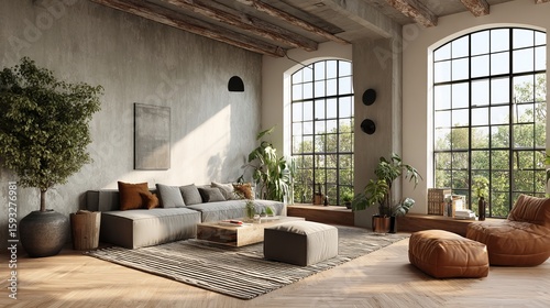 Fototapeta Naklejka Na Ścianę i Meble -  Sunny living room with neutral décor blends natural elements with modern elegance creating inviting space