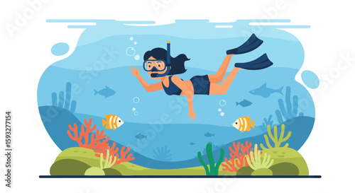 Woman Snorkeling Explores Underwater World In Tropical Sea Adventure