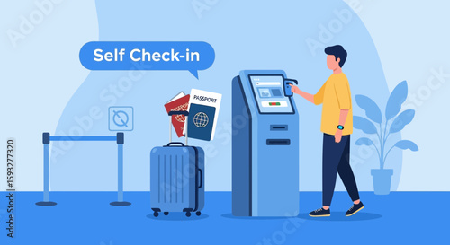 Passenger At Airport Using Self Check In Kiosk For Air Travel