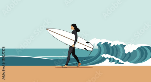 Woman Surfer Silhouette Carrying Surfboard on Sandy Beach Beside Ocean Waves Illustration