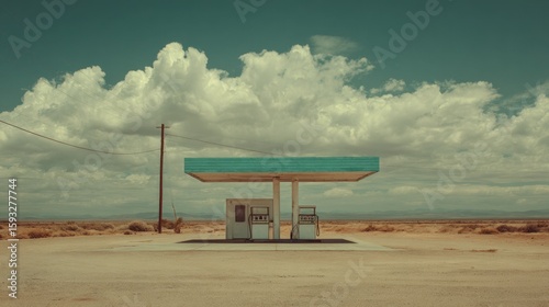 Abandoned gas station in remote desert landscape under harsh sunlight