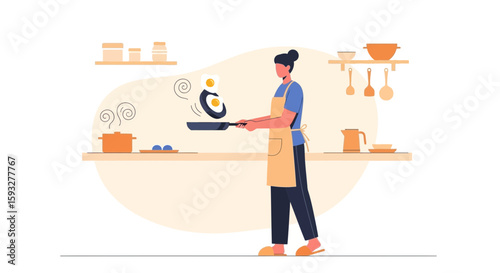 Woman Tossing Fried Eggs In A Pan In Kitchen Environment Cooking Activity