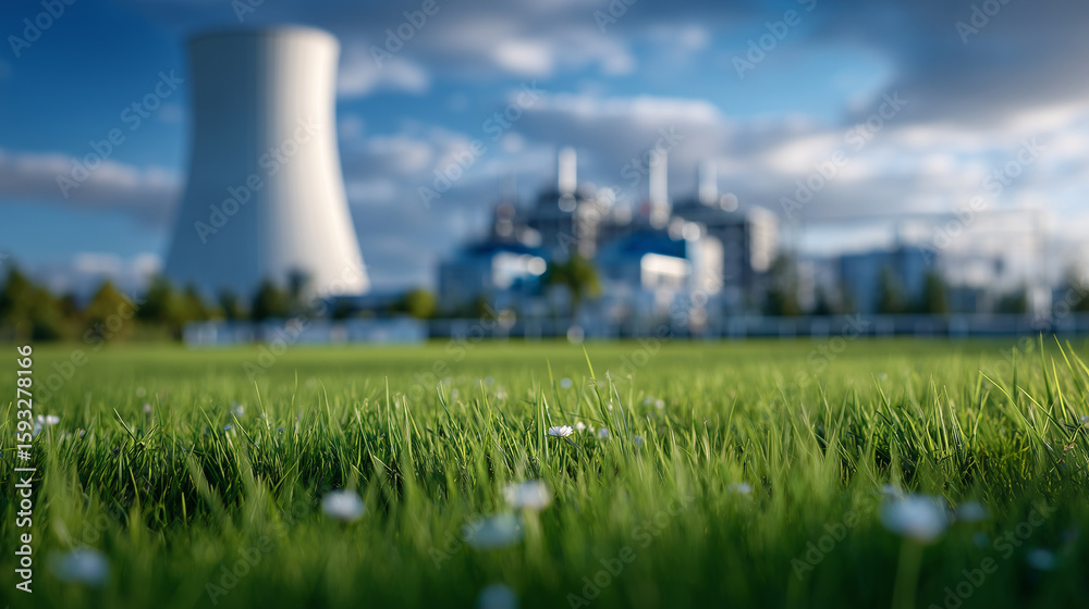 Fototapeta premium Cooling tower atop an industrial complex with bright green grass in the foreground, sunlight casting soft shadows, illustrating nature-friendly energy-saving solutions in construct