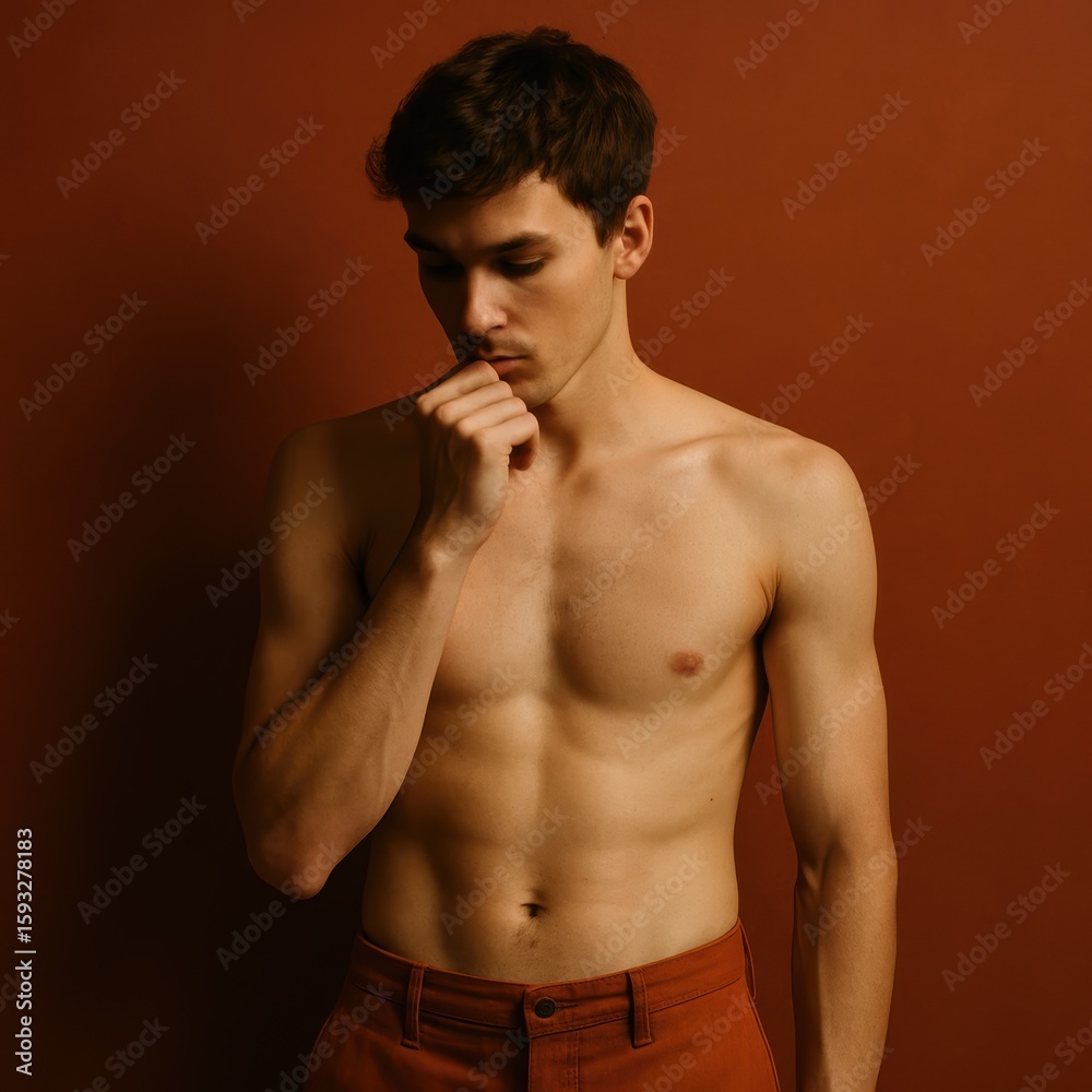 Fototapeta premium Young caucasian male posing against brown background: contemplative expression