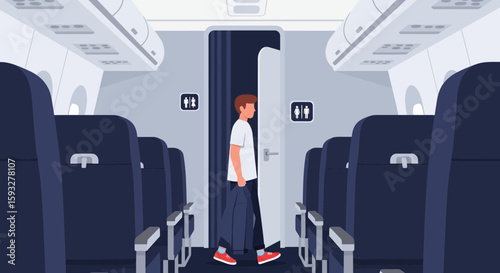 Passenger On An Airplane, Standing Near Restroom During Flight Moment