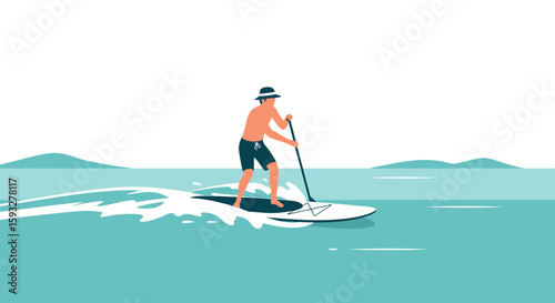Stylish Paddleboarding Scene Man Enjoying Water Sport Activity On Summer Vacation