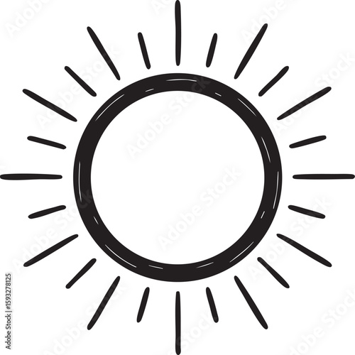 Hand drawn sun icon with sunbeams. Doodle sketch style sun, black and white vector illustration for weather, summer, and sunshine concepts.