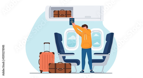 Passenger Organizing Luggage On Plane For A Comfortable And Safe Flight