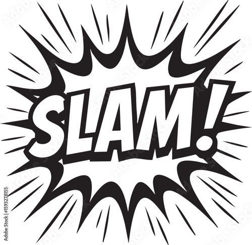 Slam comic sound effect. A black and white vector illustration of a cartoon explosion with text, showing a powerful impact.