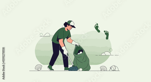 Volunteer Clean Up Beach Environment From Garbage With Collector Tool