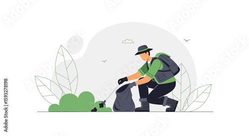 Volunteer Collecting Trash During Outdoor Cleanup Event Environmental Stewardship
