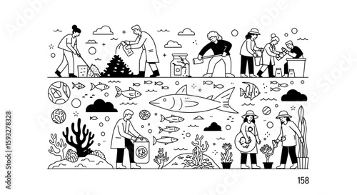 Volunteers Cleaning Ocean Pollution And Caring For Marine Life Environment