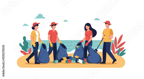 Volunteers Collaborating For Coastal Cleanup Initiative On Sunny Shoreline