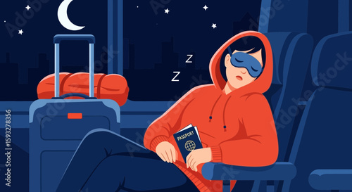 Woman Traveling Sleepless On The Plane In Flight With Baggage At Night