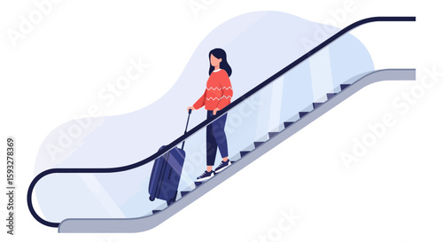 Woman Traveling Up Escalator With Her Luggage In Airport Or Subway Station