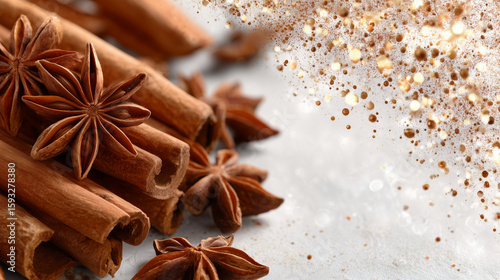 Fototapeta Naklejka Na Ścianę i Meble -  Crisp white background with cinnamon sticks and whole spices suspended in air, fine cinnamon dust particles sparkling like tiny stars around them, capturing the essence of cooking