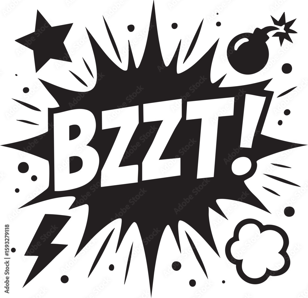 Obraz premium Dynamic BZZT word in a comic book explosion bubble. A black and white graphic design with retro sound effect elements.