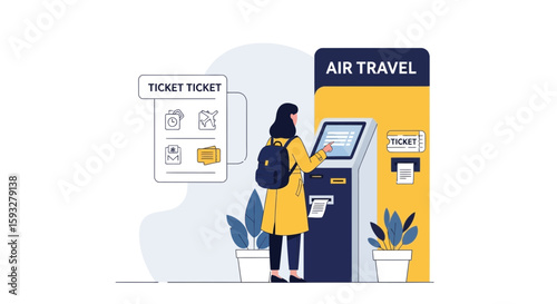 Woman Using Air Travel Ticket Machine For Checking-in at Airport Kiosk