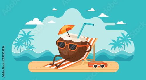 Relaxing Coconut In Summer On A Beach With Umbrella And Sunglasses