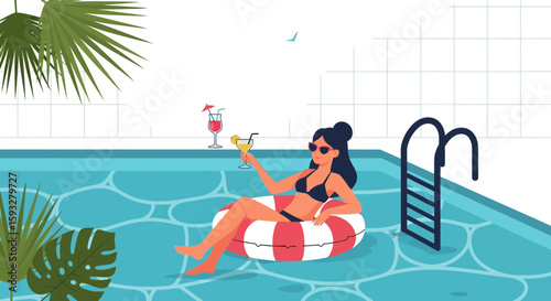 Summertime Bliss Young Woman Enjoying Tropical Cocktails Poolside Retreat Serene Leisure