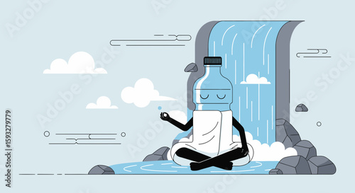 Water Bottle Meditating Beside Waterfall Promoting Health And Hydration
