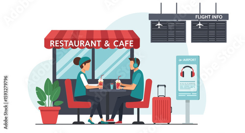 Relaxing Couple At Airport Restaurant Before Trip Illustration