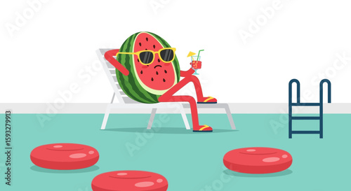 Watermelon Vacationer Relaxing By Swimming Pool Sipping Refreshing Tropical Cocktail