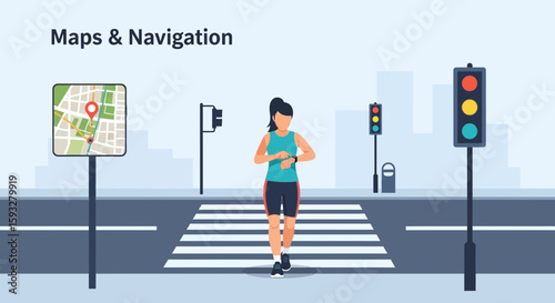 Woman Using Smartwatch For Navigation While Crossing Street In Urban Environment