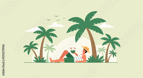 Relaxing Day In Tropical Paradise With Coconut Drink And Palm Trees
