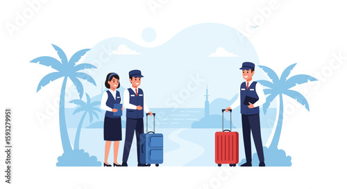Welcoming Hotel Staff Greeting Guests with Luggage at Tropical Vacation Destination