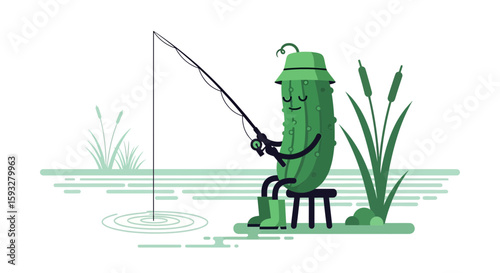 Relaxing Day Of Fishing With A Funny Cute Pickle Cartoon Illustration